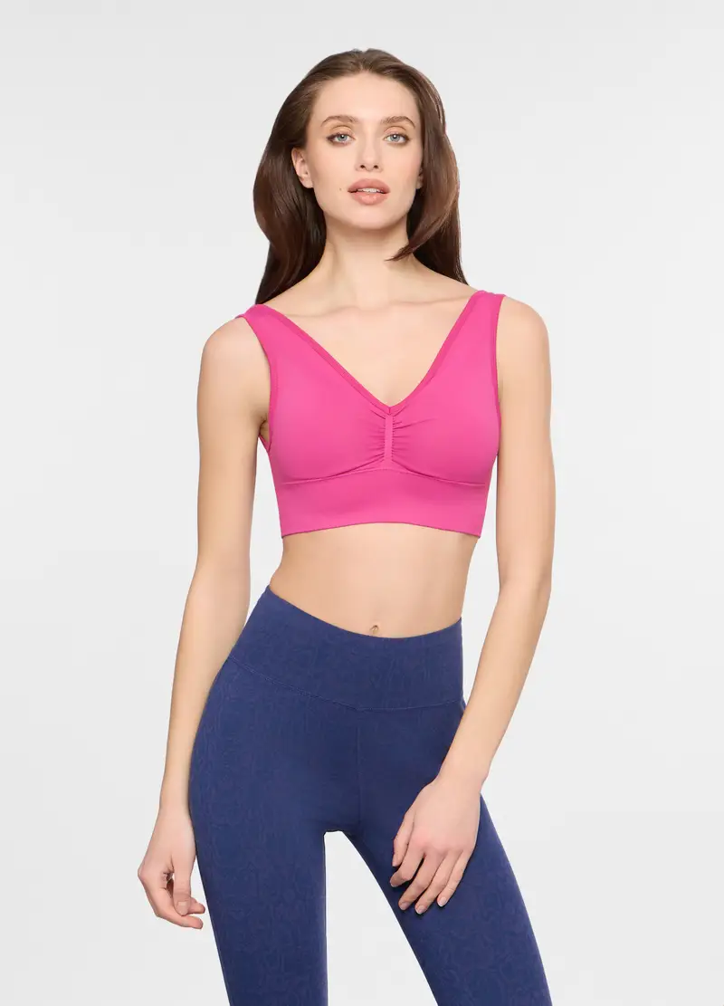 Top Fitted Stretch Con Scollo A V Donna, Rosa fuxia