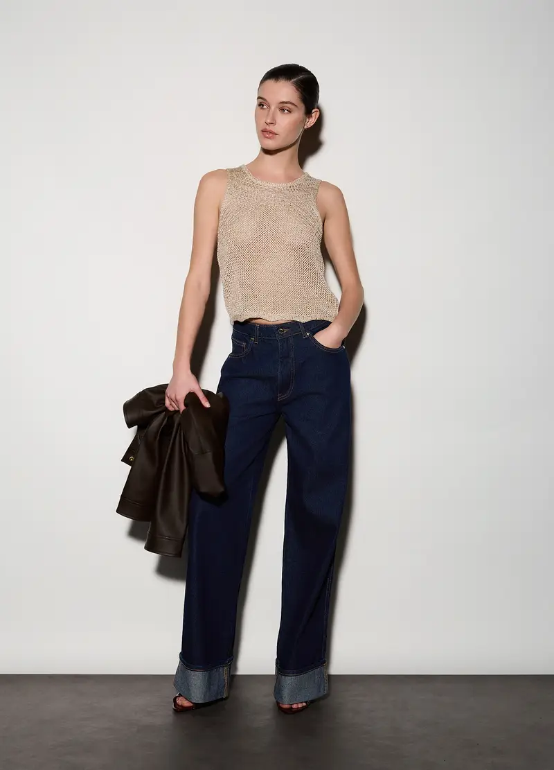 Top Girocollo In Maglia Donna, Unisex, Beige chiaro