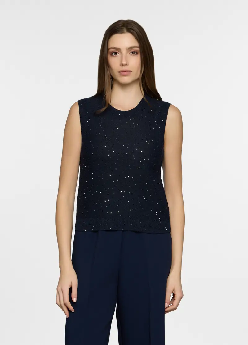 Top Girocollo In Maglia Rasata Donna, Blu Bluette