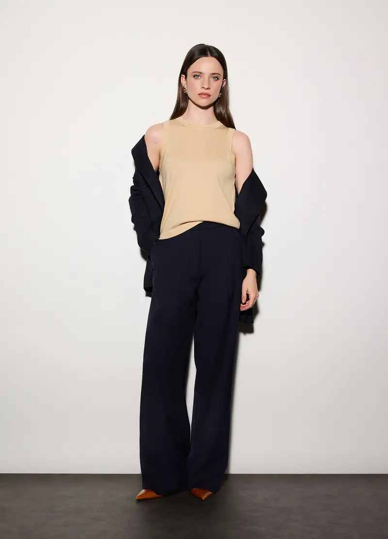 Top Girocollo In Maglia Rasata Donna, Unisex, Beige chiaro