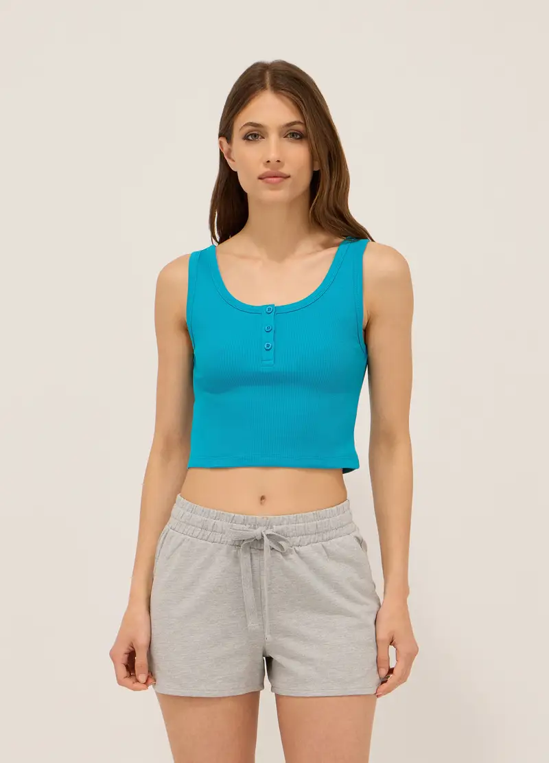 Top In Costina Di Cotone Stretch Donna, Azzurro cielo