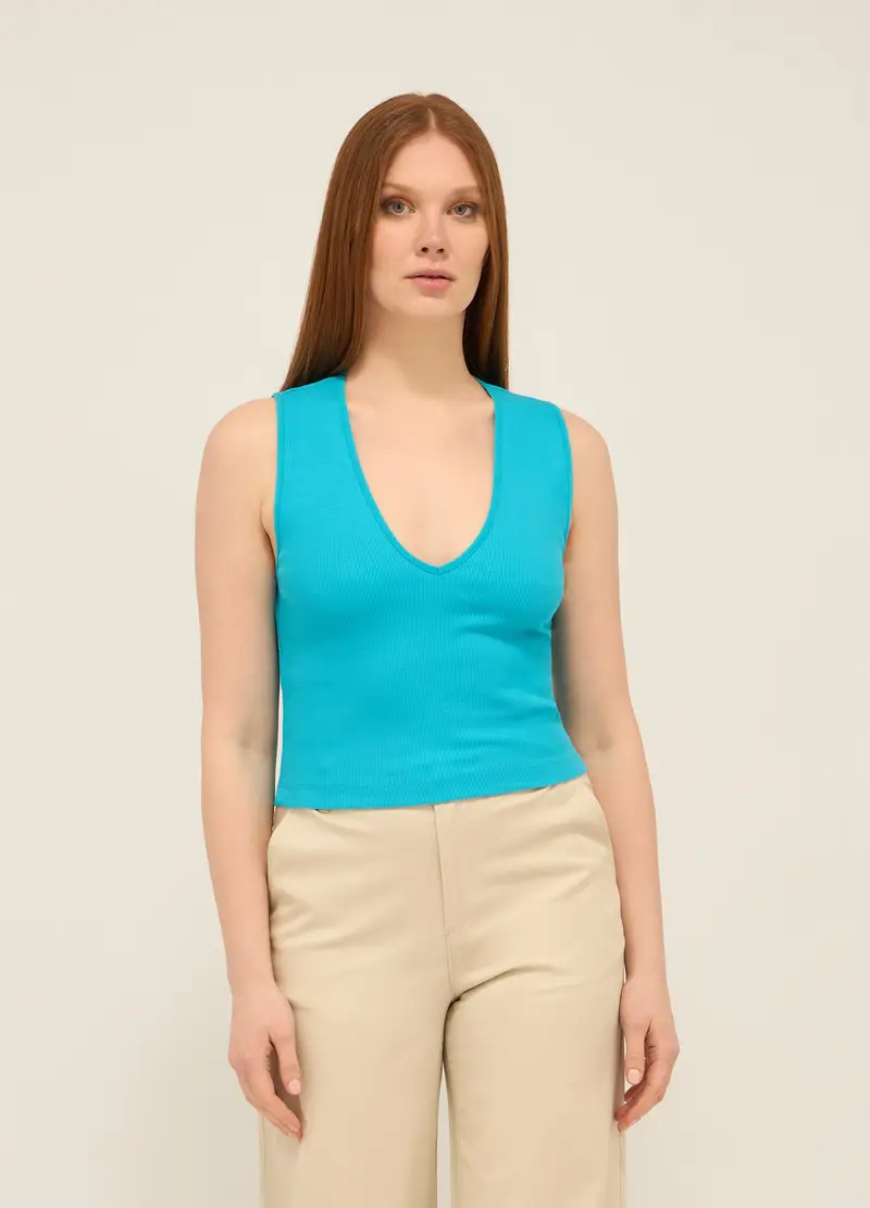 Top In Costina Di Cotone Stretch Donna, Azzurro cielo