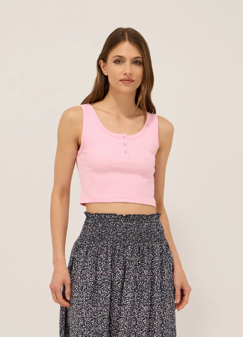 Top In Costina Di Cotone Stretch Donna, Rosa chiaro