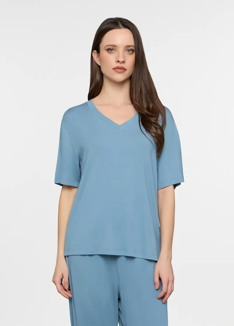 Top Pigiama Con Scollo A V Stretch Donna, Azzurro cielo
