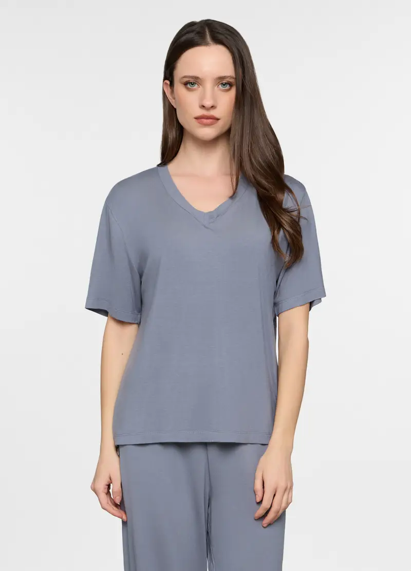 Top Pigiama Con Scollo A V Stretch Donna, Grigio chiaro