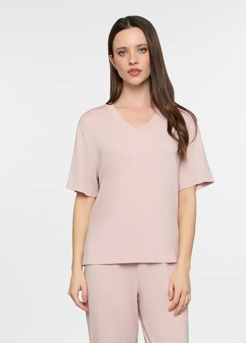 Top Pigiama Con Scollo A V Stretch Donna, Rosa chiaro