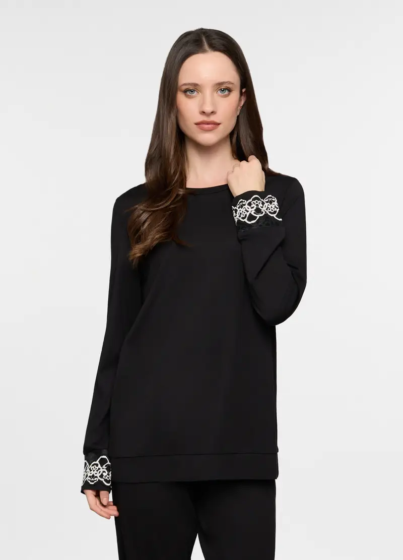 Top Pigiama Girocollo In Jersey Donna, Nero/Bianco