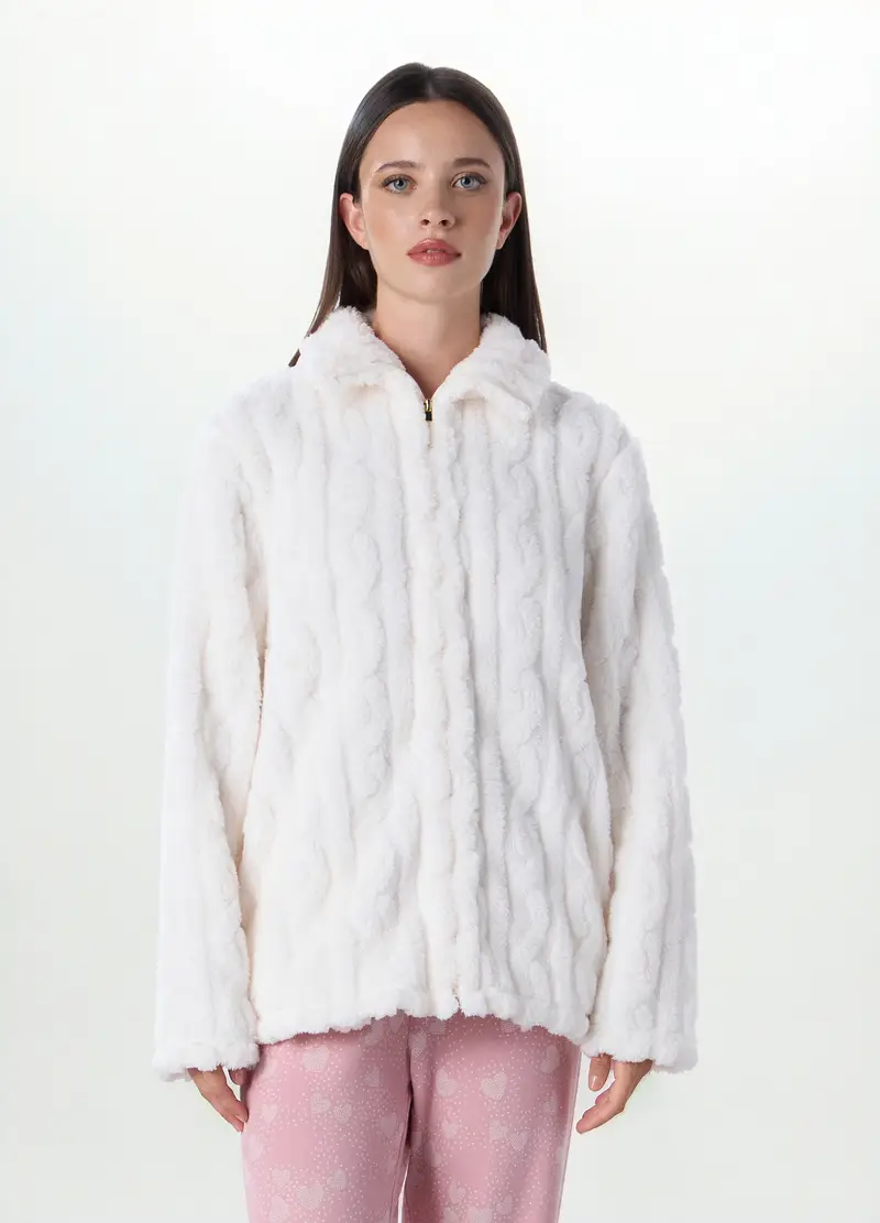 Top Pigiama In Fake Fur A Collo Alto Donna, Bianco