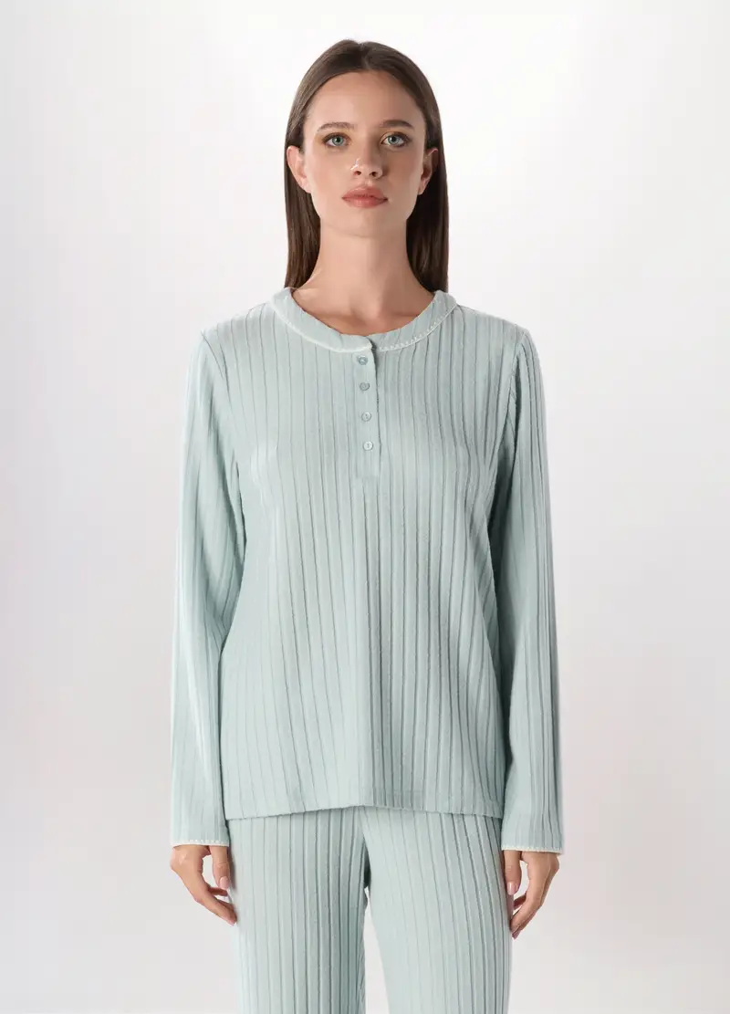 Top Pigiama Lungo A Coste Donna, Azzurro scuro