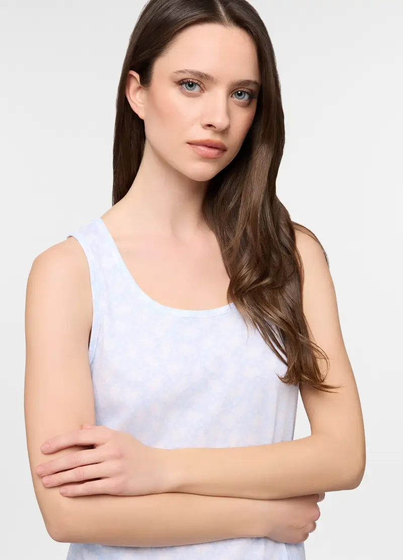 Top Pigiama Smanicato In Puro Cotone Donna, Azzurro chiaro miniatura 3