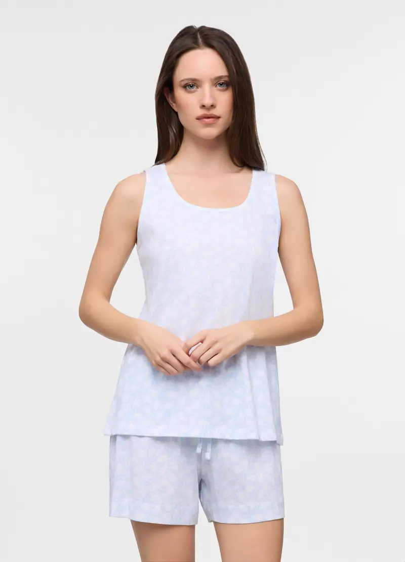 Top Pigiama Smanicato In Puro Cotone Donna, Azzurro chiaro
