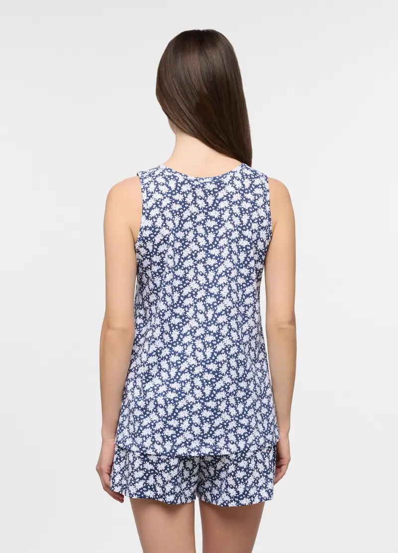 Top Pigiama Smanicato In Puro Cotone Donna, Bianco/Blu miniatura 2