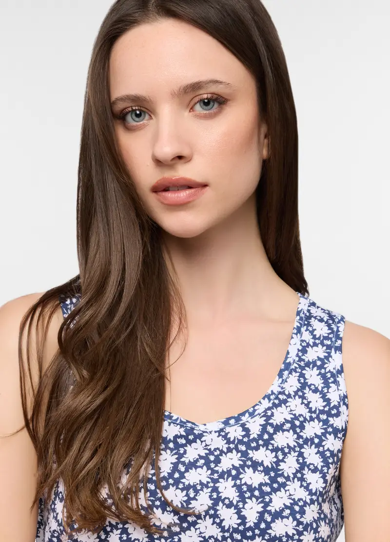 Top Pigiama Smanicato In Puro Cotone Donna, Bianco/Blu miniatura 3