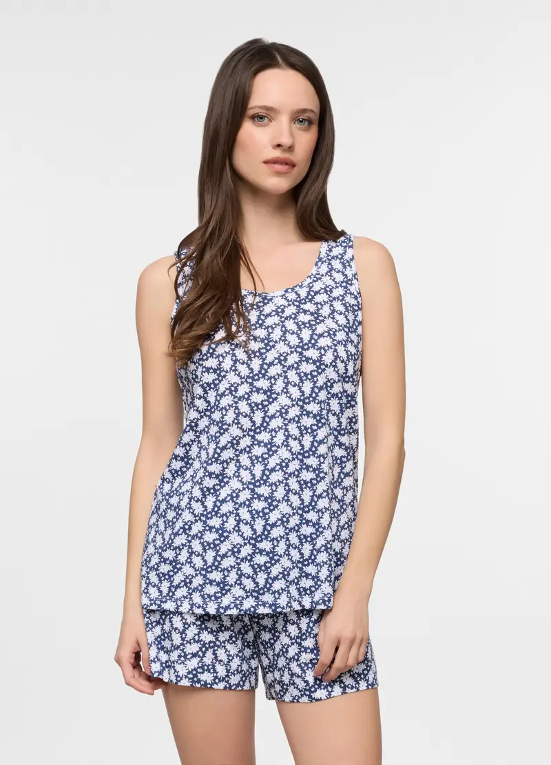 Top Pigiama Smanicato In Puro Cotone Donna, Bianco/Blu