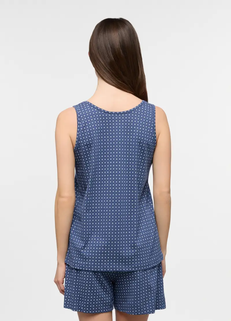 Top Pigiama Smanicato In Puro Cotone Donna, Blu miniatura 2