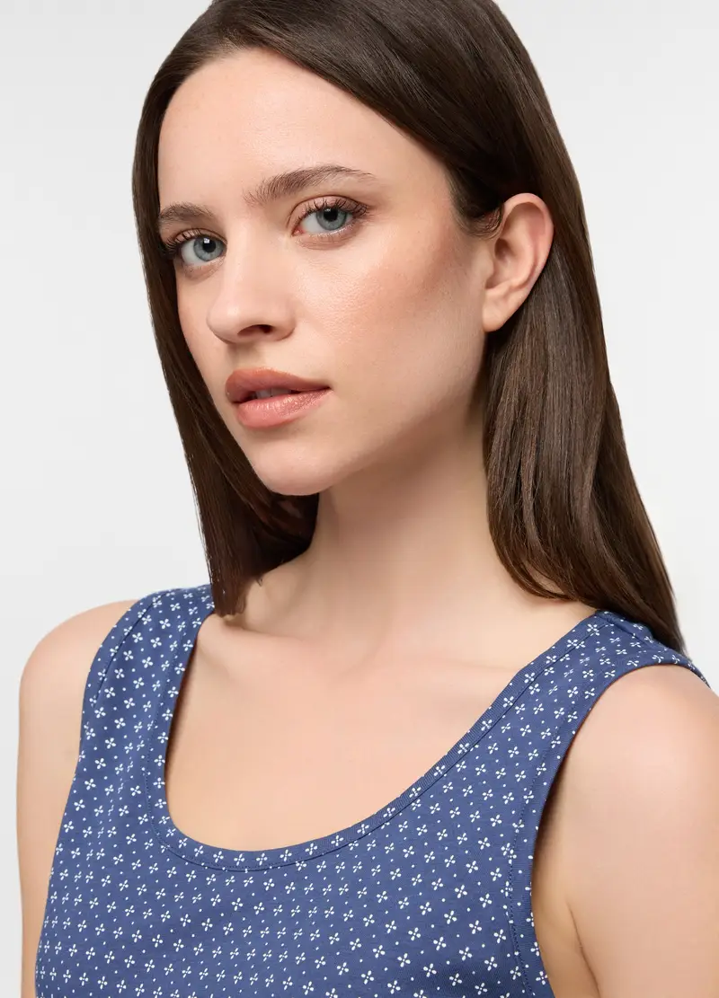 Top Pigiama Smanicato In Puro Cotone Donna, Blu miniatura 3