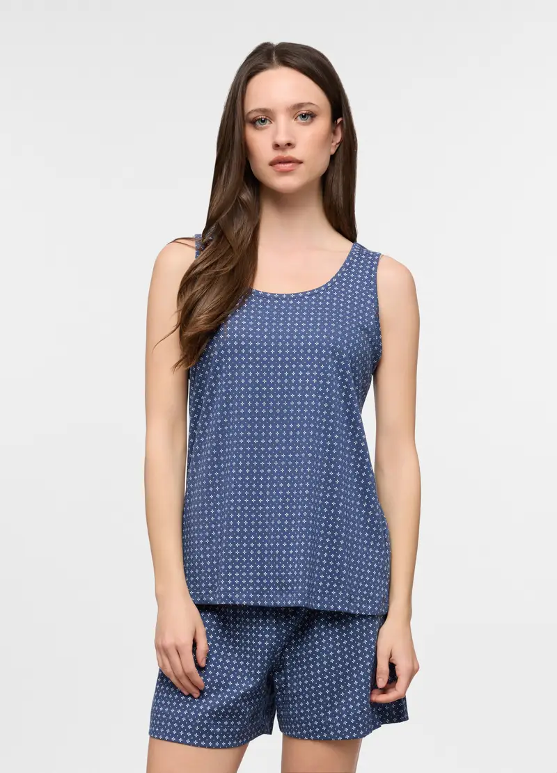 Top Pigiama Smanicato In Puro Cotone Donna, Blu