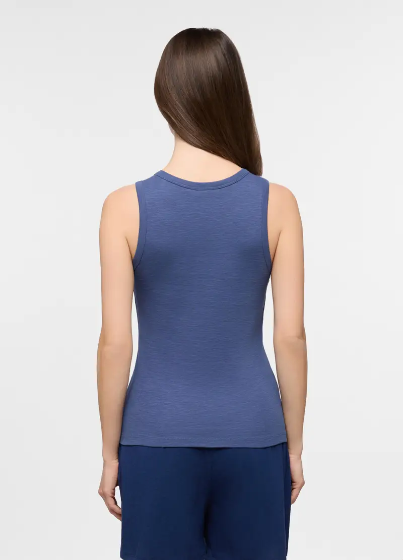 Top Pigiama Smanicato In Puro Cotone Donna, Blu scuro miniatura 2