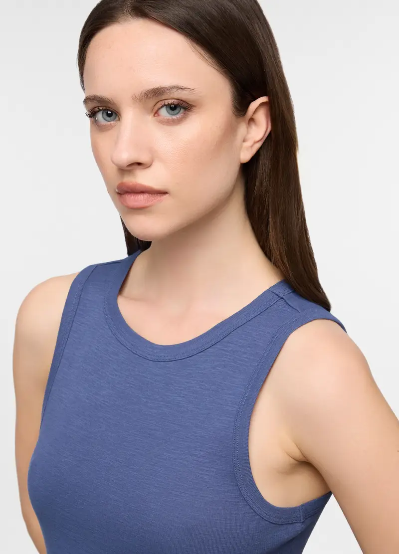 Top Pigiama Smanicato In Puro Cotone Donna, Blu scuro miniatura 3