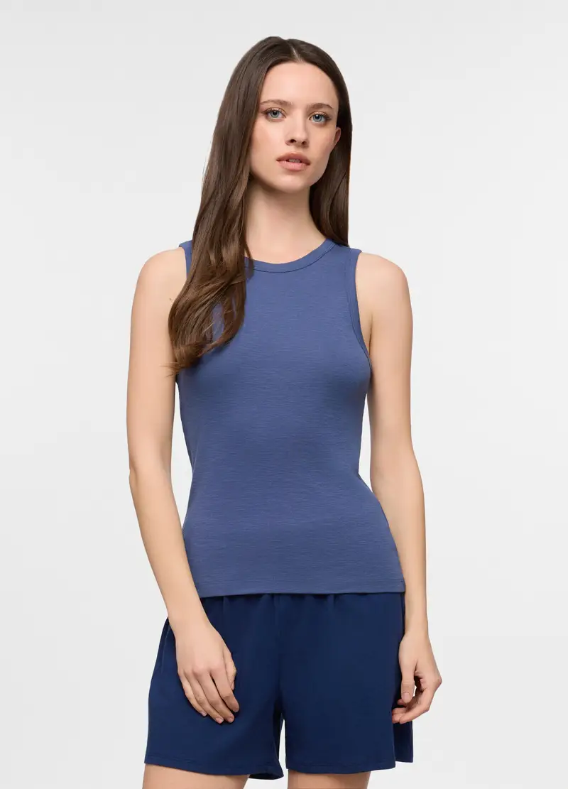 Top Pigiama Smanicato In Puro Cotone Donna, Blu scuro