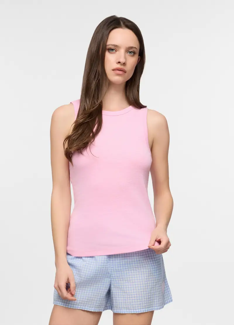 Top Pigiama Smanicato In Puro Cotone Donna, Rosa