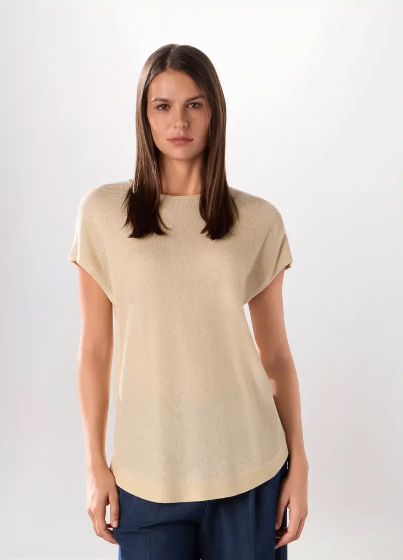 Tricot A Maniche Corte Donna, Beige chiaro