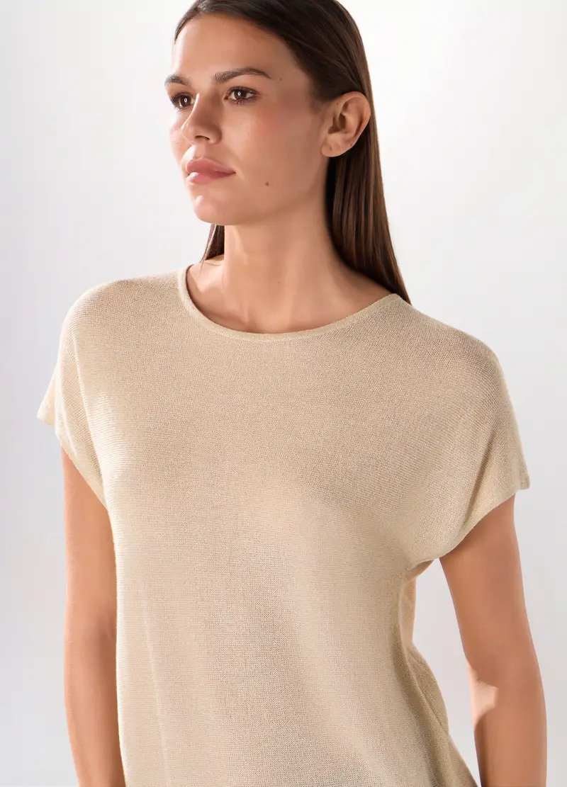 Tricot A Maniche Corte Donna, Beige chiaro miniatura 3