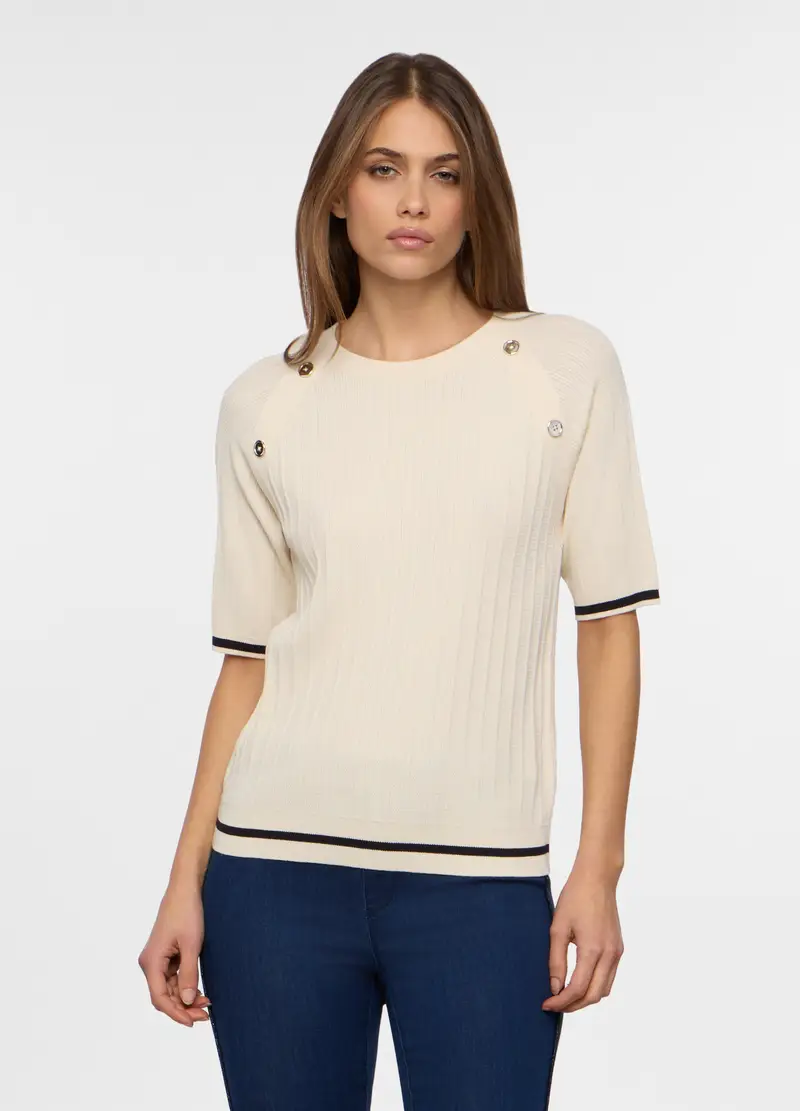Tricot A Maniche Corte Donna, Bianco panna