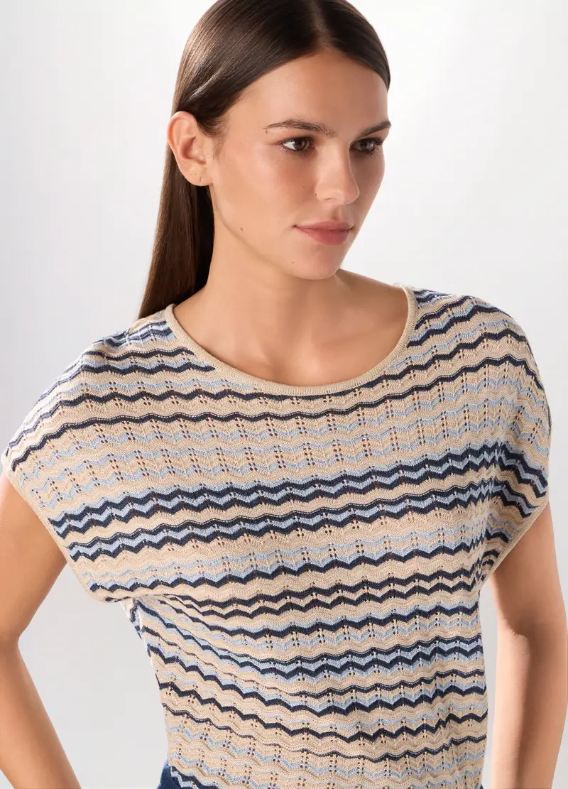 Tricot A Maniche Corte Donna, Blu/Beige miniatura 3