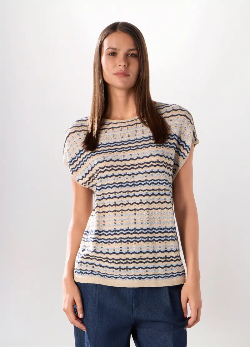 Tricot A Maniche Corte Donna, Blu/Beige