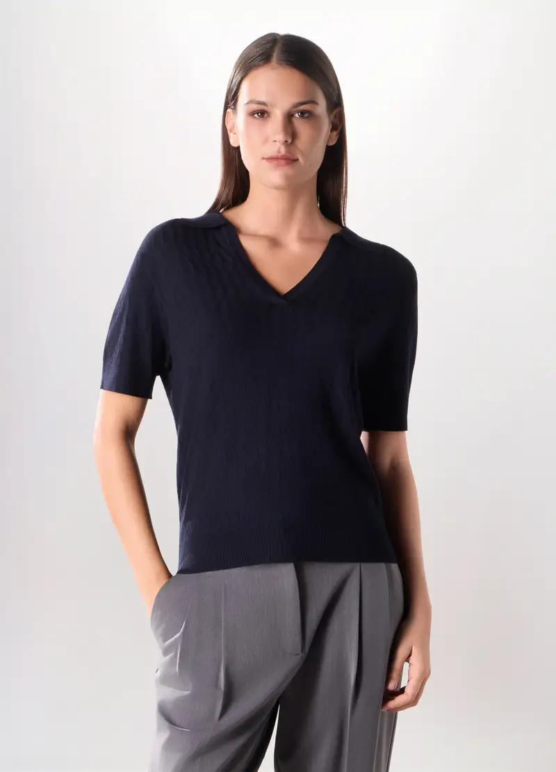 Tricot A Maniche Corte In Misto Viscosa Donna, Blu navy