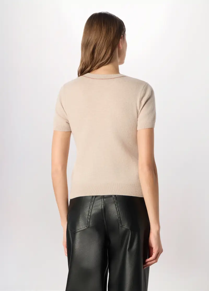 Tricot A Maniche Corte In Pura Lana Donna, Beige chiaro miniatura 2