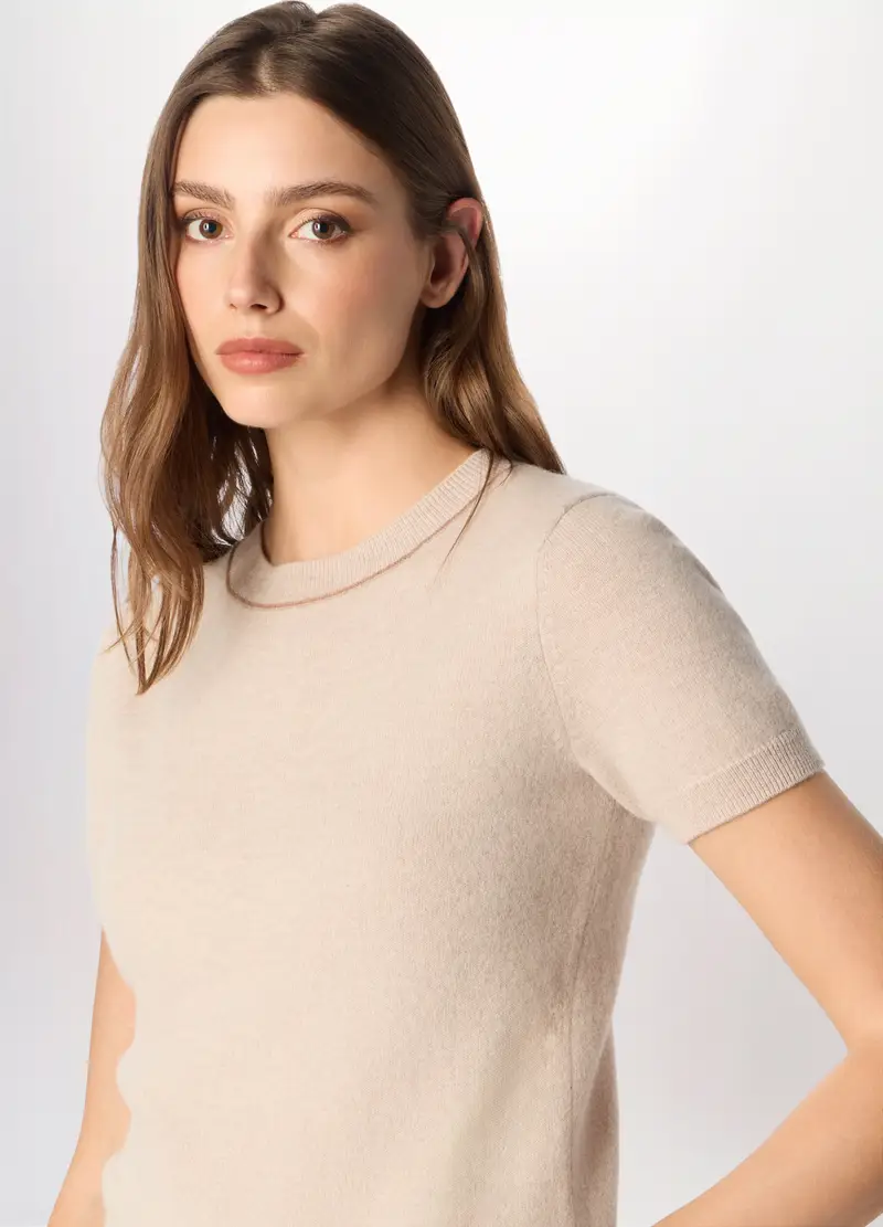 Tricot A Maniche Corte In Pura Lana Donna, Beige chiaro miniatura 3