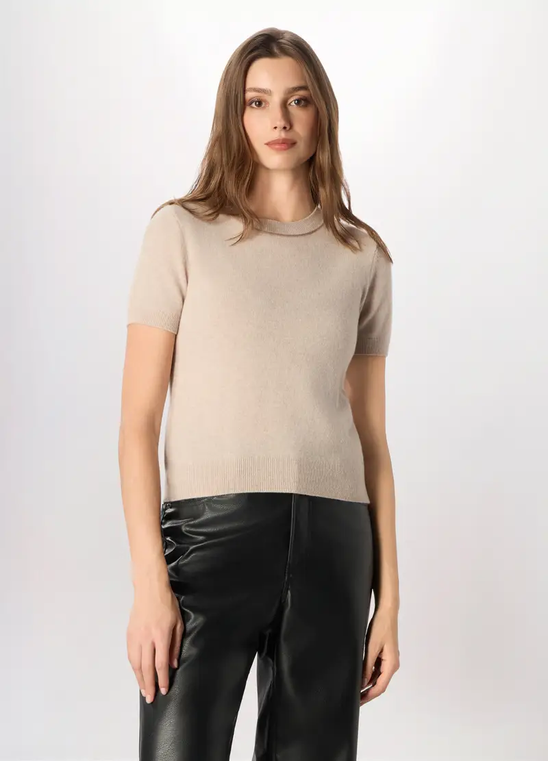 Tricot A Maniche Corte In Pura Lana Donna, Beige chiaro