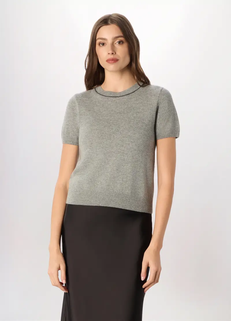 Tricot A Maniche Corte In Pura Lana Donna, Grigio chiaro melange