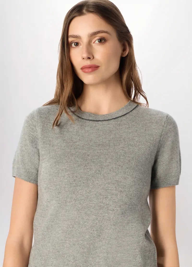 Tricot A Maniche Corte In Pura Lana Donna, Grigio chiaro melange miniatura 3