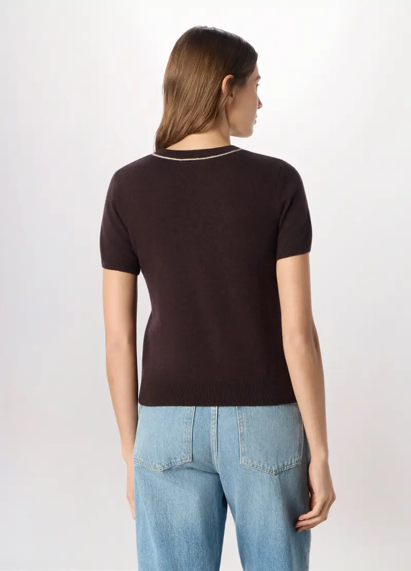 Tricot A Maniche Corte In Pura Lana Donna, Marrone cioccolato miniatura 2
