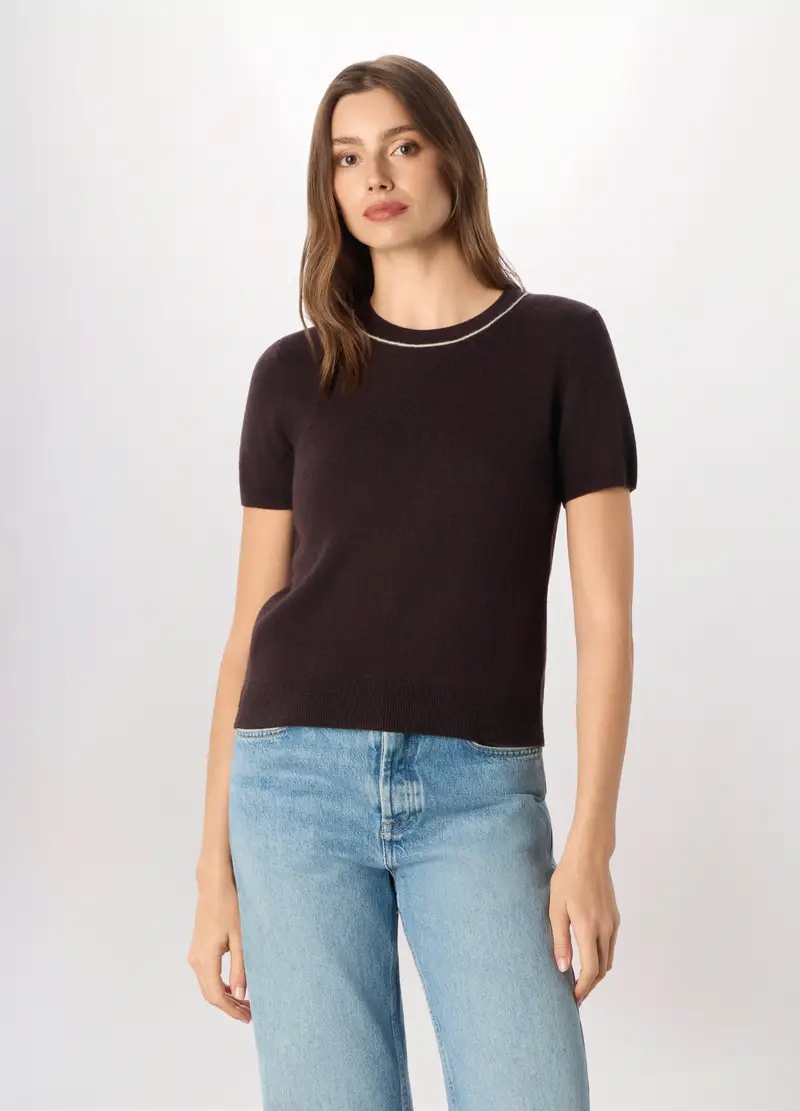 Tricot A Maniche Corte In Pura Lana Donna, Marrone cioccolato