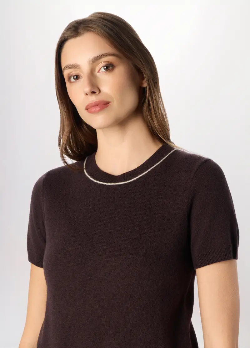 Tricot A Maniche Corte In Pura Lana Donna, Marrone cioccolato miniatura 3