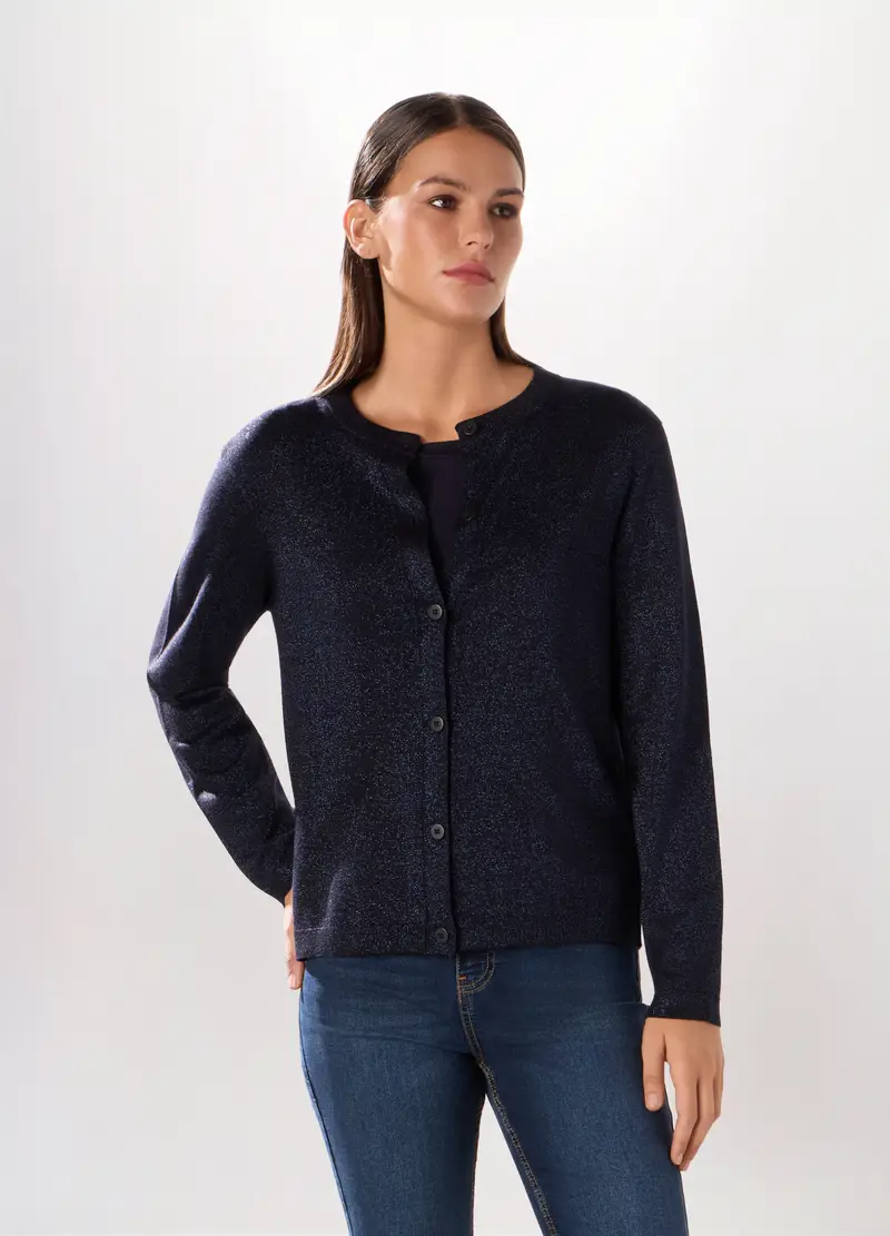 Tricot A Maniche Corte Misto Viscosa Donna, Blu navy