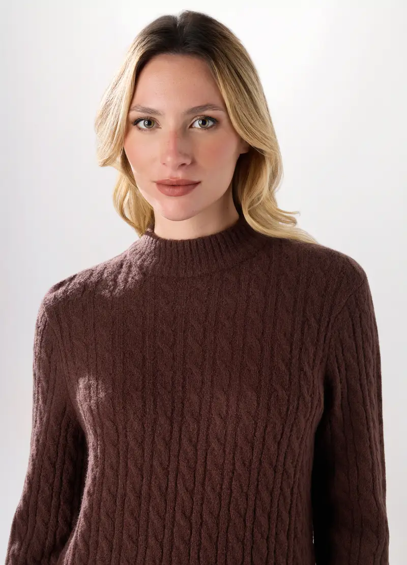 Tricot Con Lavorazione A Treccia Donna, Marrone cioccolato miniatura 3