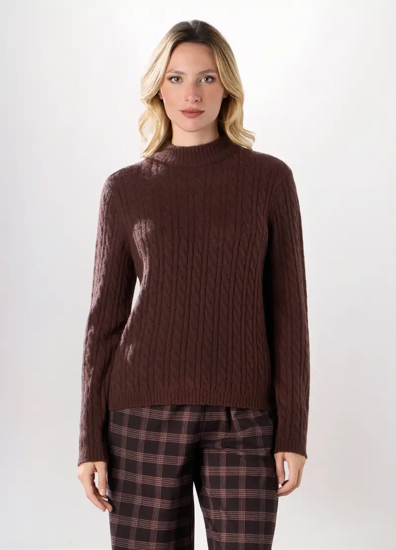 Tricot Con Lavorazione A Treccia Donna, Marrone cioccolato