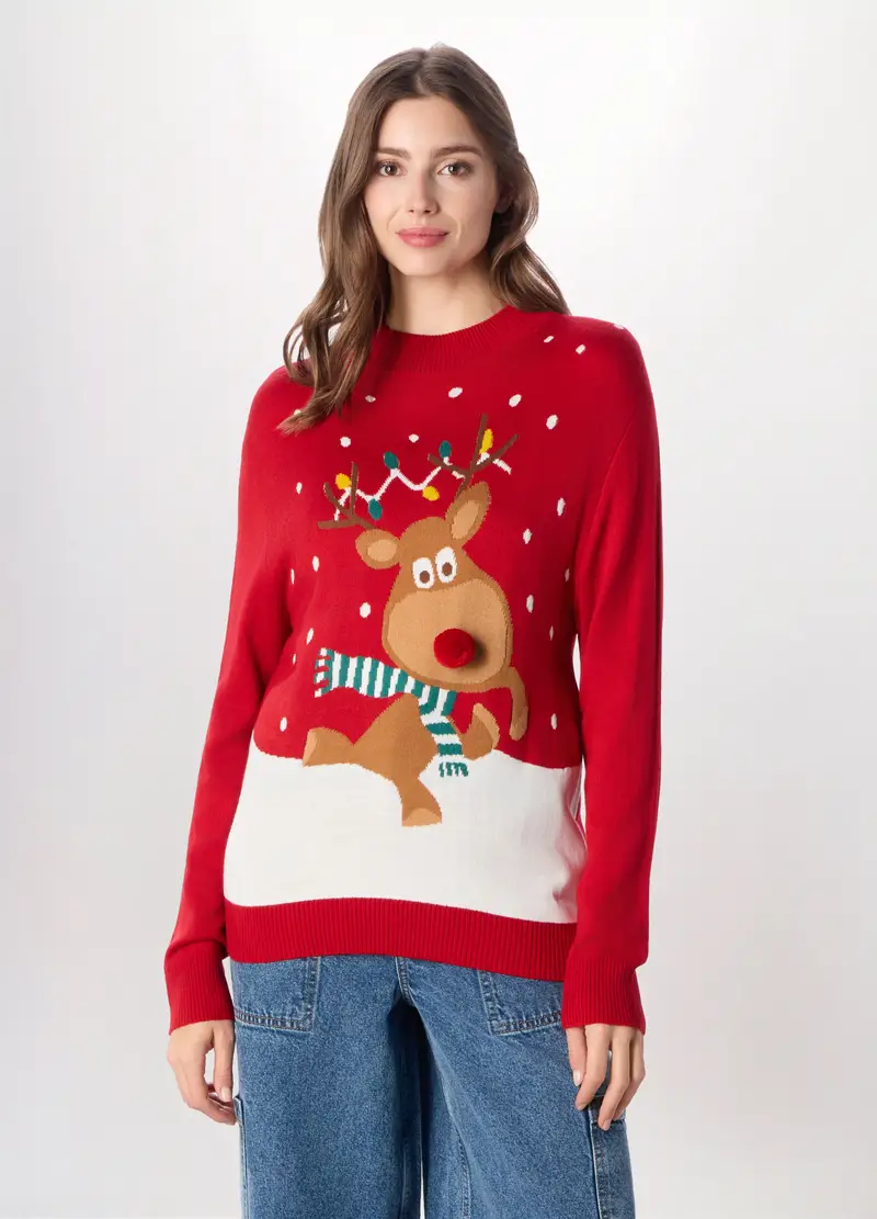 Tricot Con Pon Pom Donna, Rosso aragosta