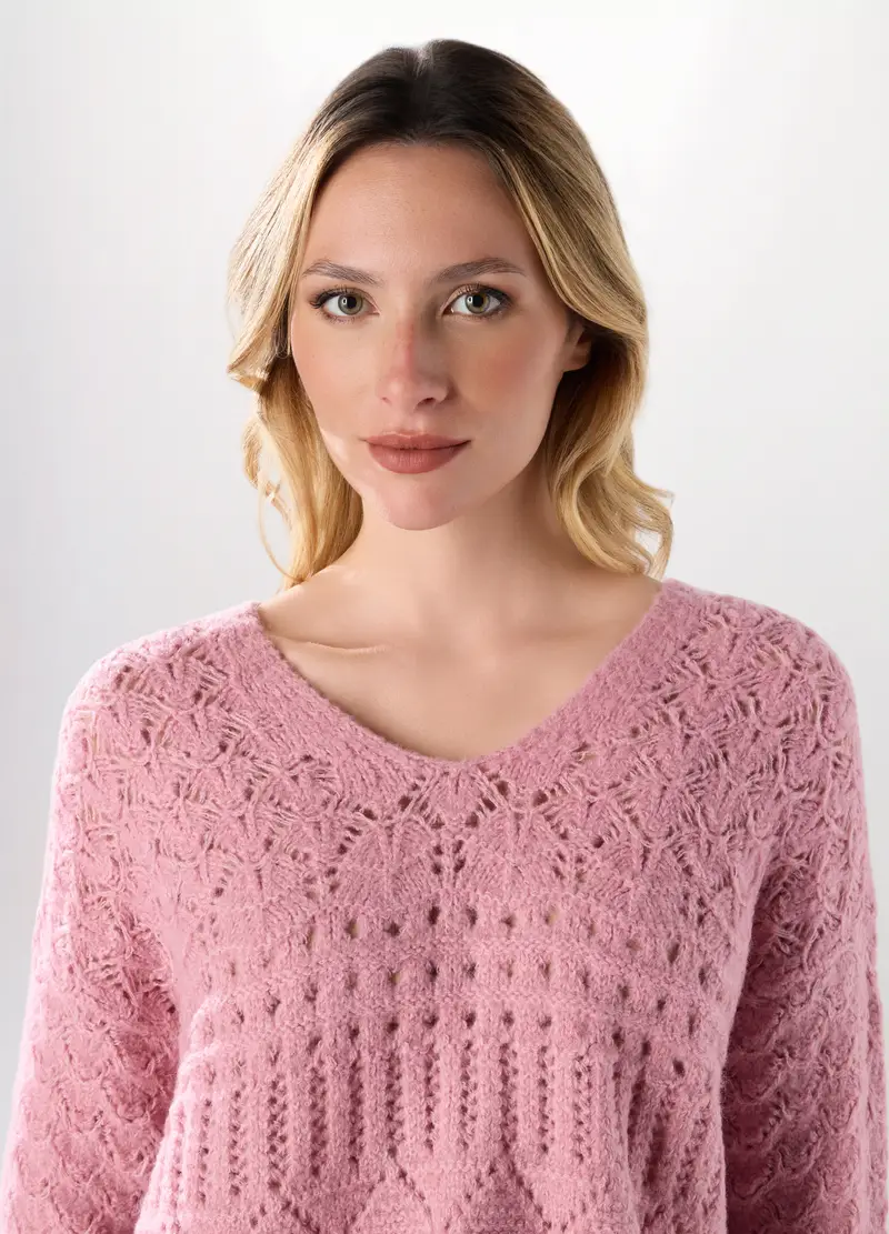 Tricot Con Scollo A V Donna, Rosa pastello miniatura 3