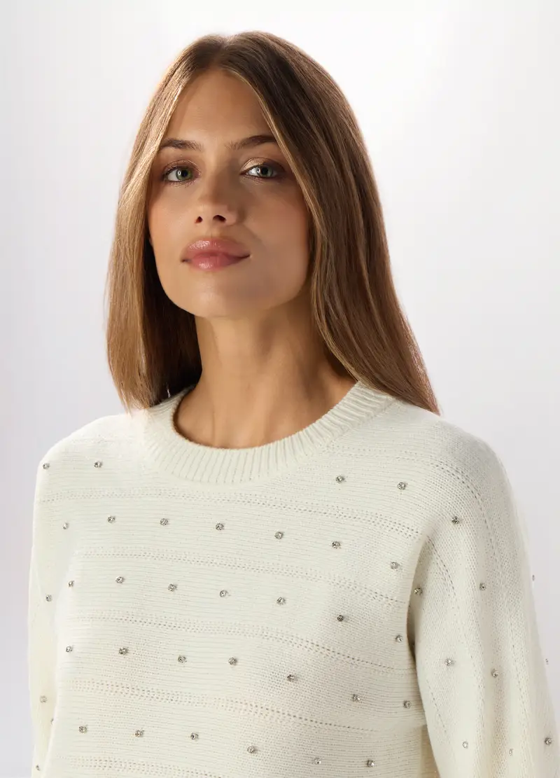 Tricot Con Strass Donna, Bianco panna miniatura 3