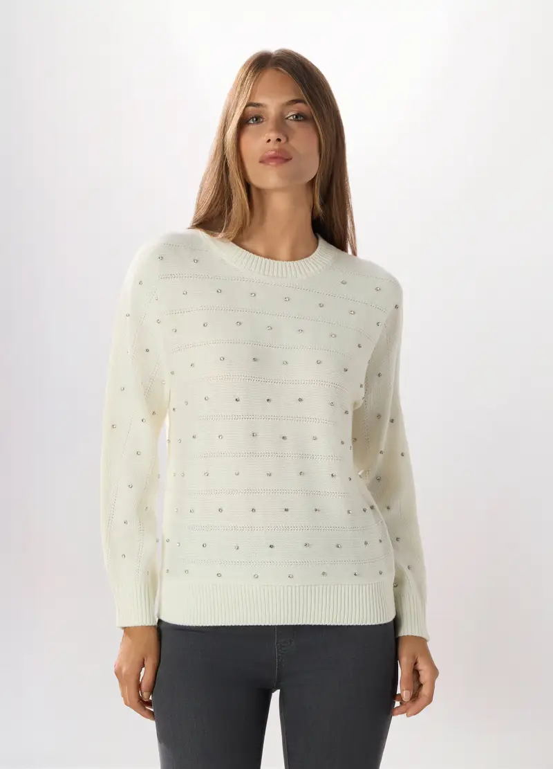 Tricot Con Strass Donna, Bianco panna