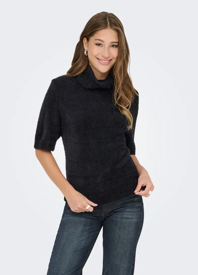 Tricot Fluffy A Maniche Corte Donna, Unisex, Nero