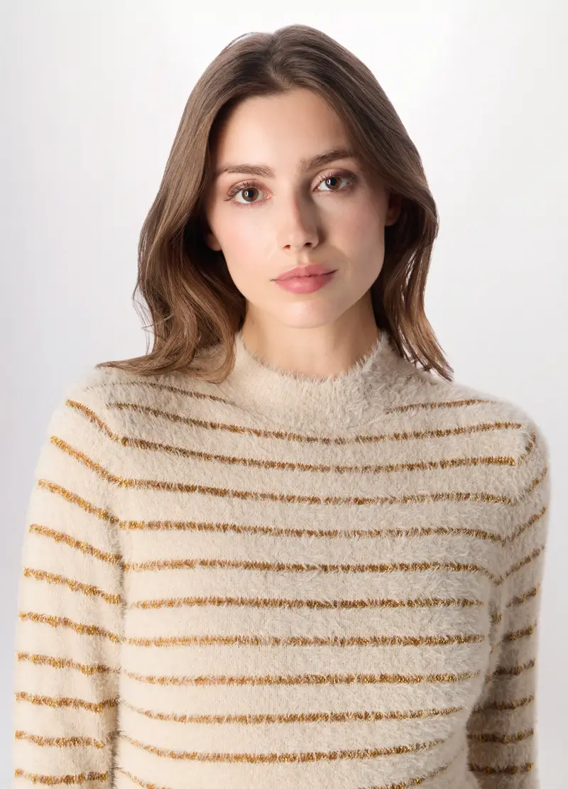 Tricot Fluffy A Righe Donna, Beige chiaro miniatura 3