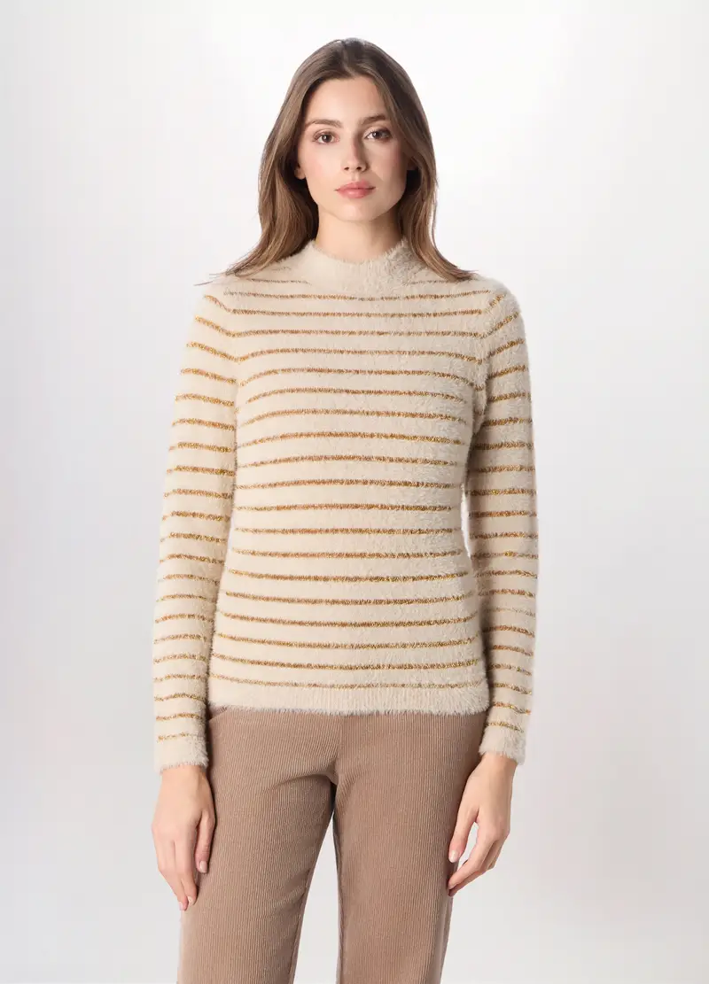 Tricot Fluffy A Righe Donna, Beige chiaro