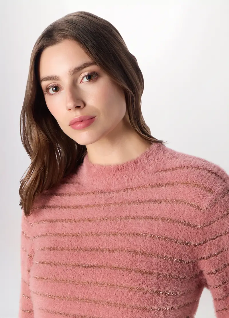 Tricot Fluffy A Righe Donna, Rosa pastello miniatura 3